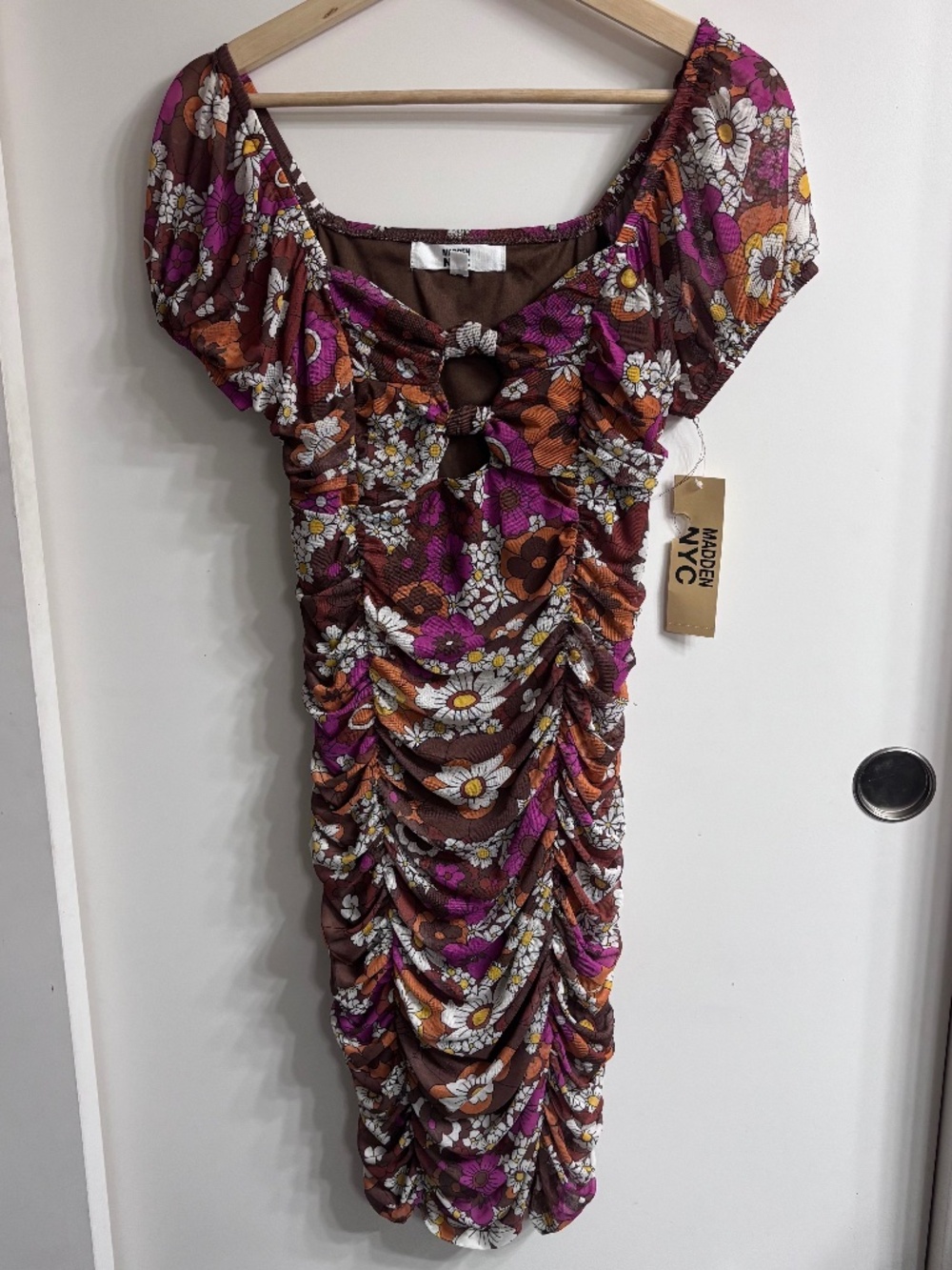 Madden NYC Retro 70s Floral Ruched Mesh Mini Dress NWT Size L